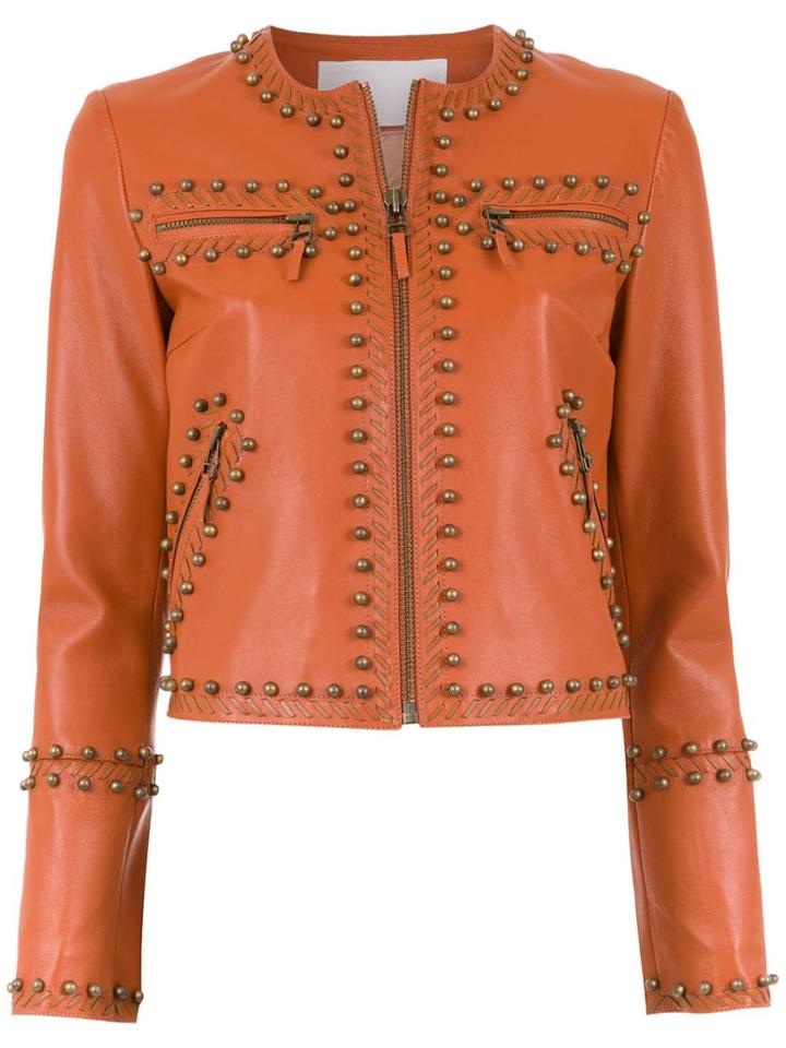 Nk Embellished Leather Jacket - Brown