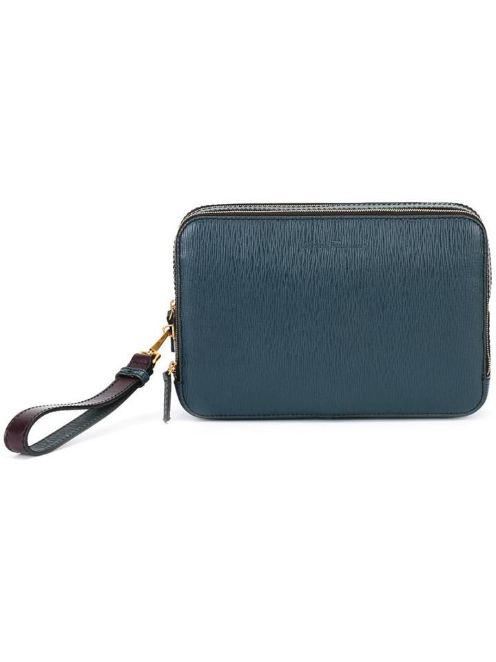 Salvatore Ferragamo Double Compartment Grained Clutch, Men's, Blue