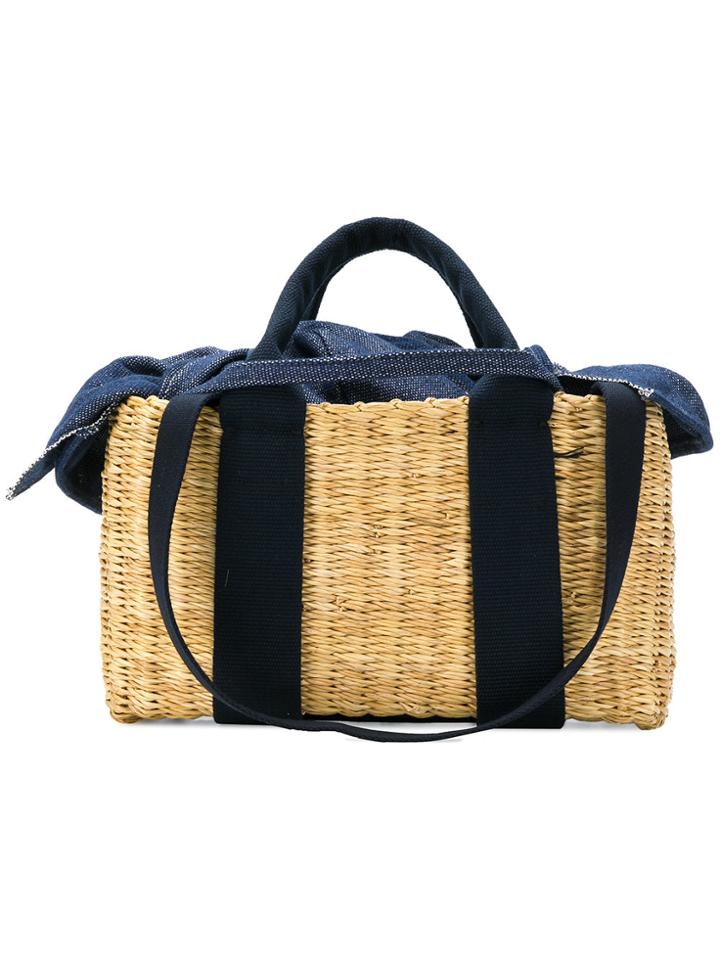 Muun Denim Trim Wicker Tote - Nude & Neutrals