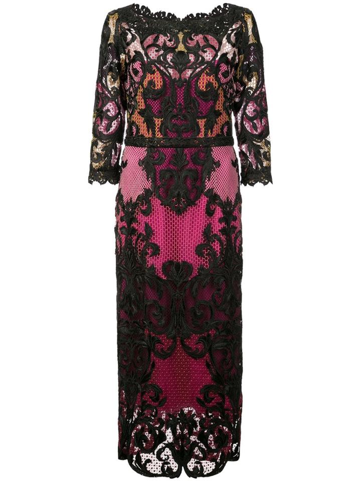 Marchesa Notte 3/4 Sleeve Colour Block Dress - Pink & Purple