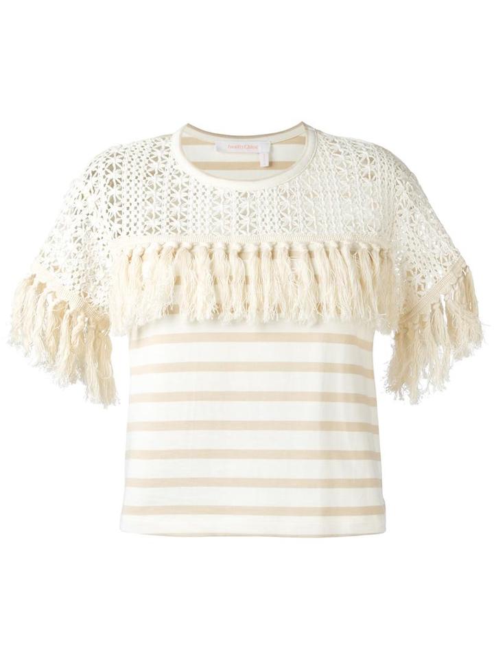 See By Chloé Fringed T-shirt, Women's, Size: Medium, Nude/neutrals, Cotton