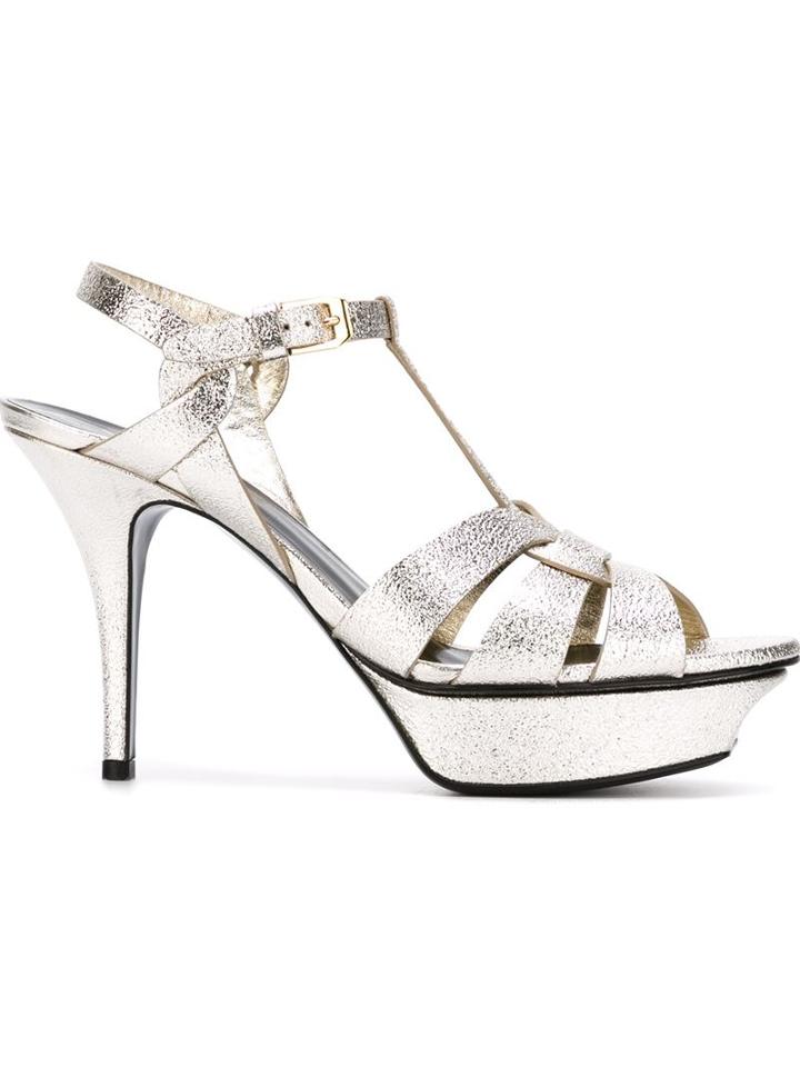 Saint Laurent Tribute Sandals, Women's, Size: 37.5, Grey, Leather