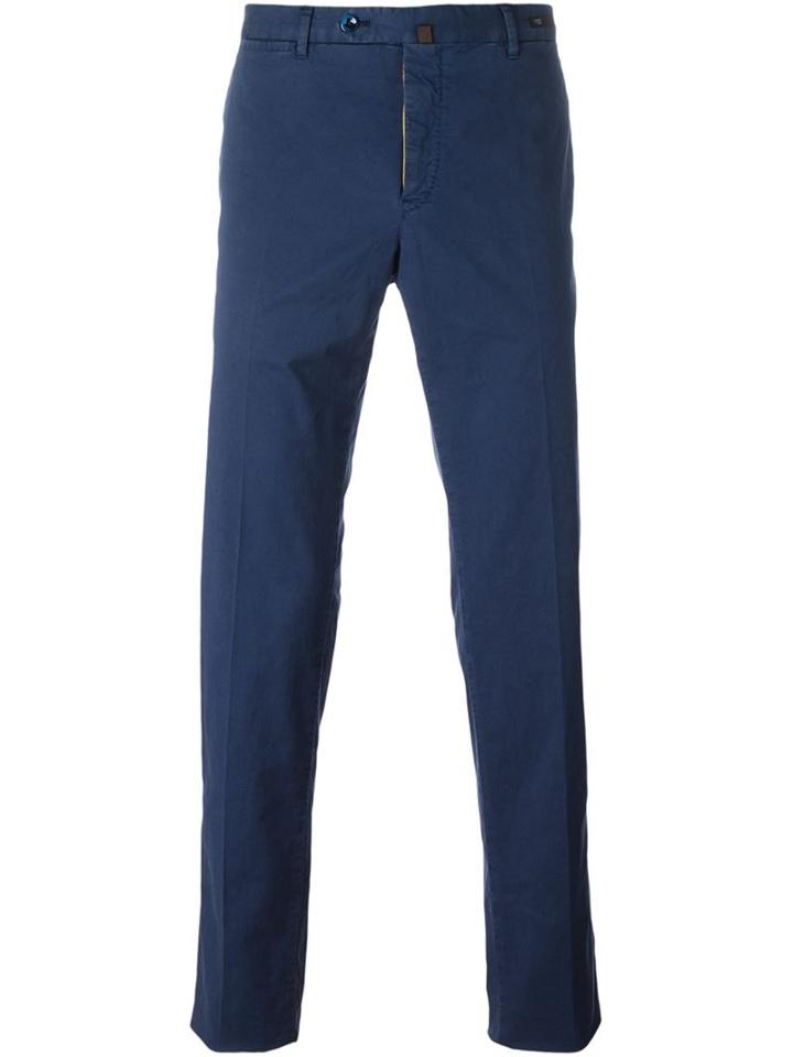 Pt01 Yellow Detail Straight Trousers, Men's, Size: 48, Blue, Cotton/linen/flax/spandex/elastane