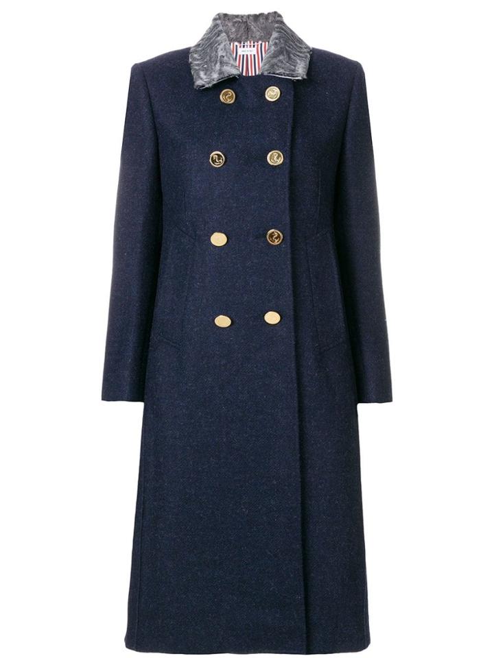 Thom Browne Fur Top Collar Wool Overcoat - Blue