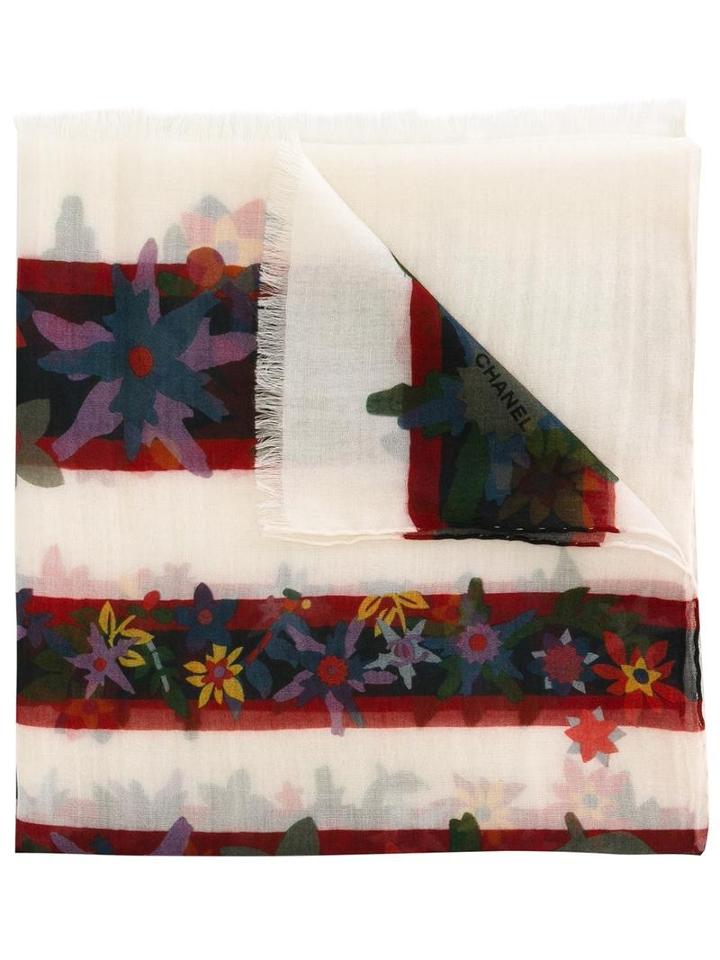 Chanel Vintage Floral Striped Printed Scarf, White