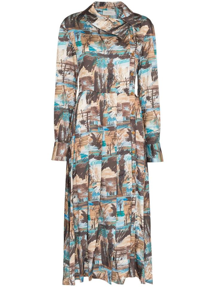 Low Classic Print Collared Midi Dress - Blue