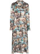 Low Classic Print Collared Midi Dress - Blue