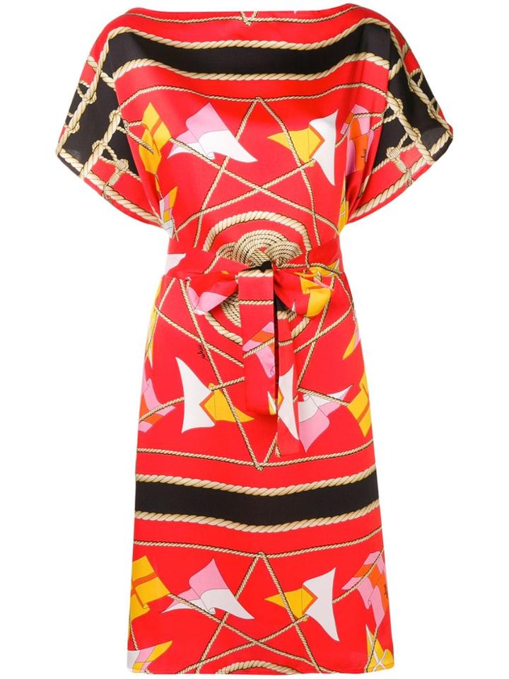 Msgm Nautical Print Belted Midi Dress - Red
