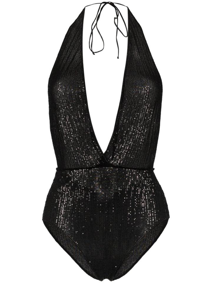 Oseree Paillete Maillot Plunging Sequin Swimsuit - Black