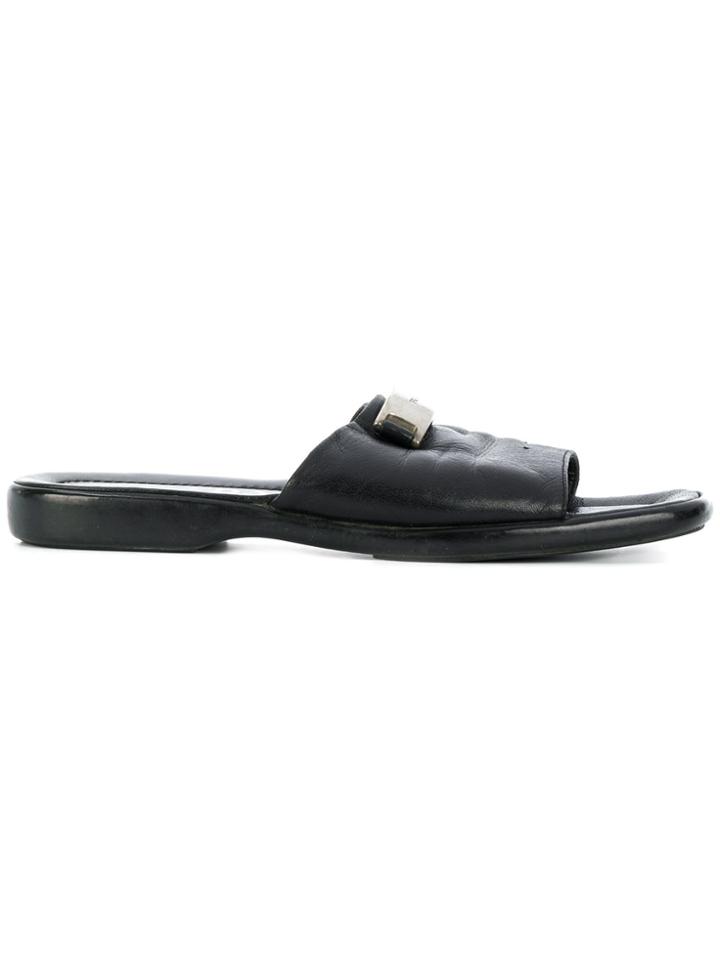 Prada Vintage Logo Plaque Flat Sandals - Black