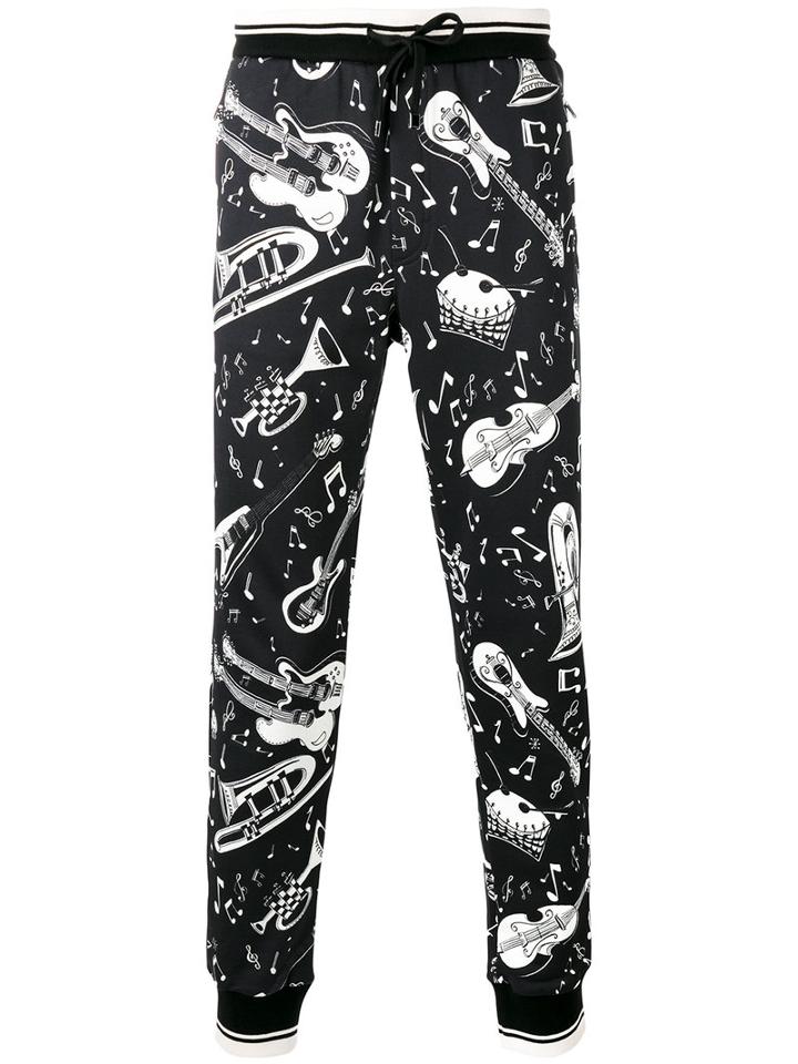 Dolce & Gabbana Musical Print Drawstring Trousers, Men's, Size: 46, Black, Cotton