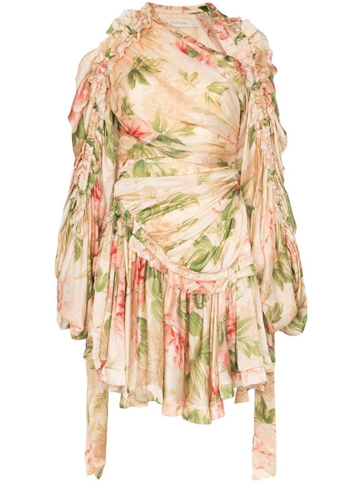Zimmermann Floral Print Ruched Silk Dress - Neutrals