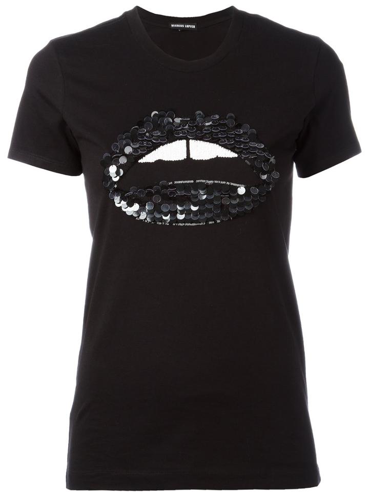 Markus Lupfer - Sequin Embellished Lip T-shirt - Women - Cotton - M, Women's, Black, Cotton
