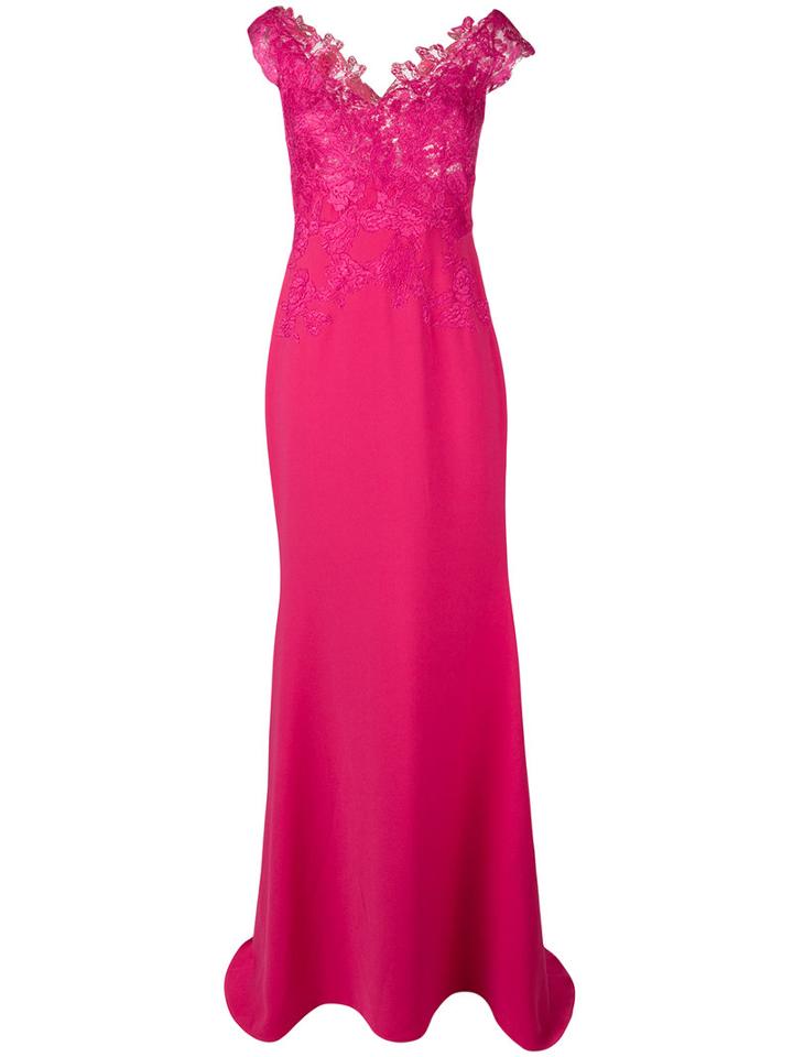 Rhea Costa - Sheer Neck Lace Gown - Women - Cotton/viscose - 44, Pink/purple, Cotton/viscose