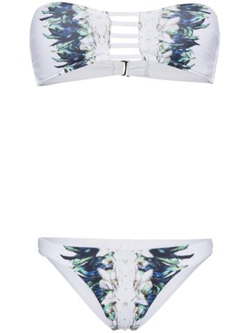 Belusso Cutout Feather Print Bikini - White