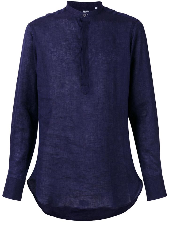 E. Tautz Slim-fit Grandad Collar Shirt, Men's, Size: 15, Blue, Linen/flax