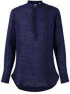 E. Tautz Slim-fit Grandad Collar Shirt, Men's, Size: 15, Blue, Linen/flax