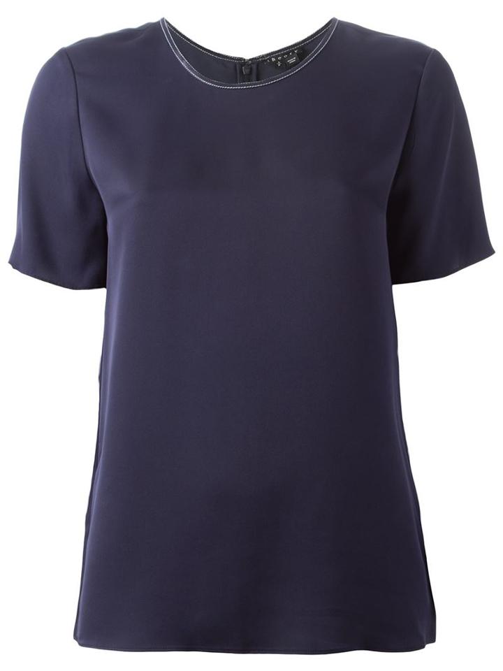 Theory Leather Trim Blouse, Women's, Size: S, Blue, Silk/lamb Skin