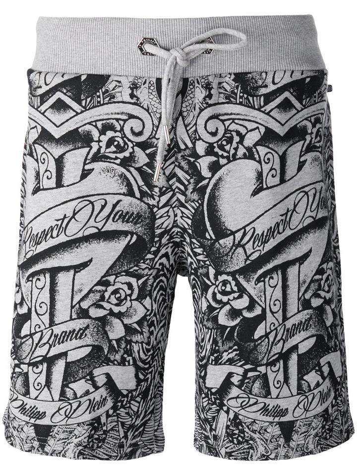 Philipp Plein Tattoo Print Track Shorts, Men's, Size: Large, Grey, Cotton