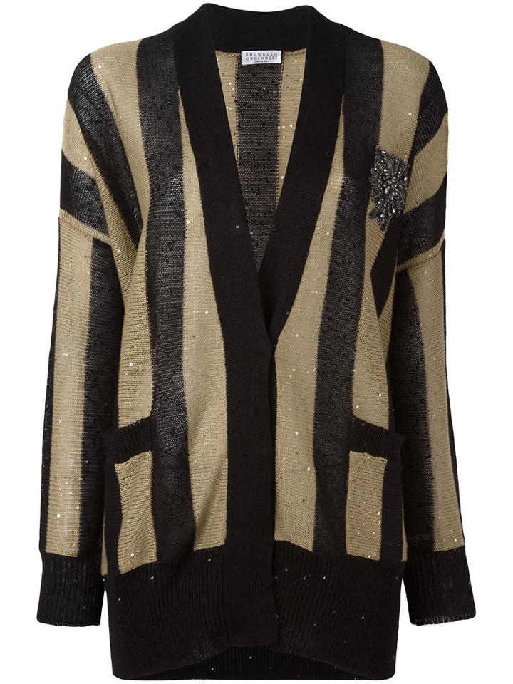Brunello Cucinelli Striped Cardigan, Women's, Size: Medium, Black, Silk/linen/flax/polyamide/swarovski Crystal