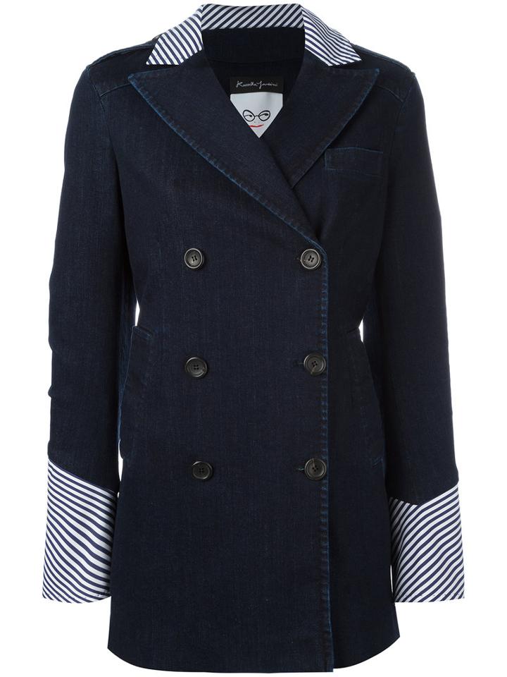 Rossella Jardini Striped Collar And Cuffs Double Breasted Jacket, Size: 44, Blue, Cotton/polyurethane