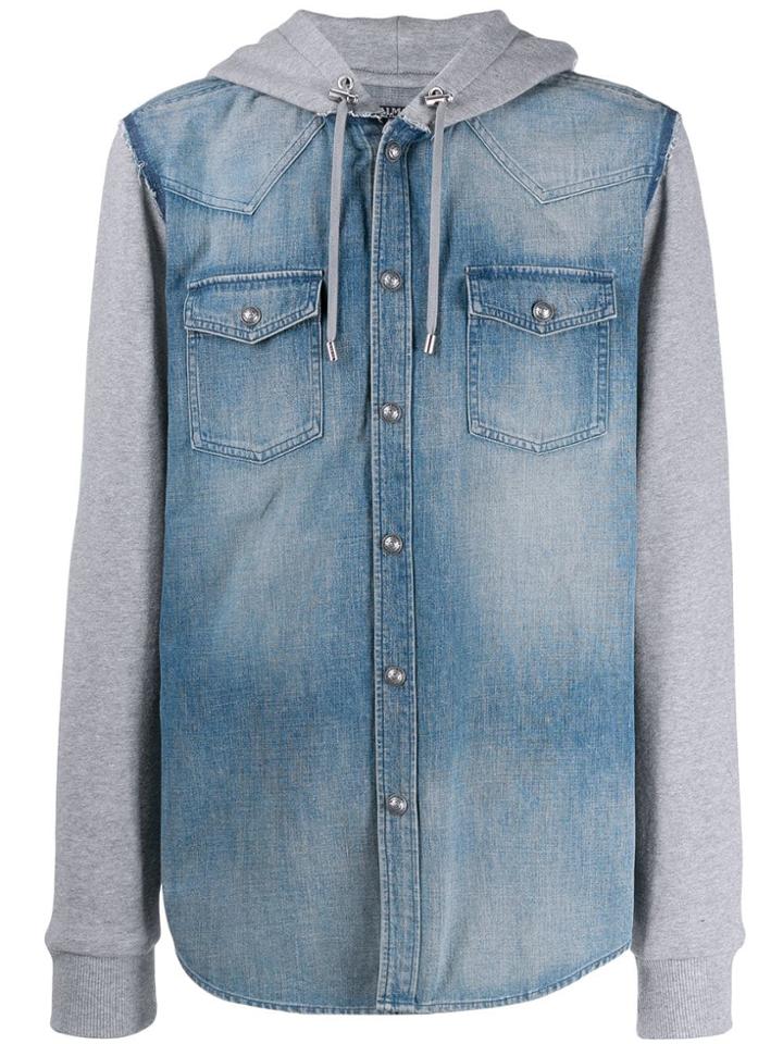 Balmain Hooded Material Mix Denim Shirt - Blue