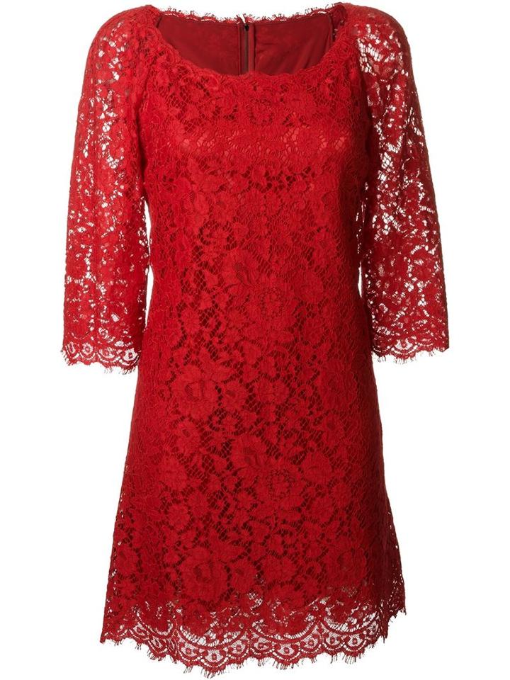 Dolce & Gabbana Floral Lace Fitted Dress, Women's, Size: 46, Red, Cotton/viscose/polyamide/polyamide