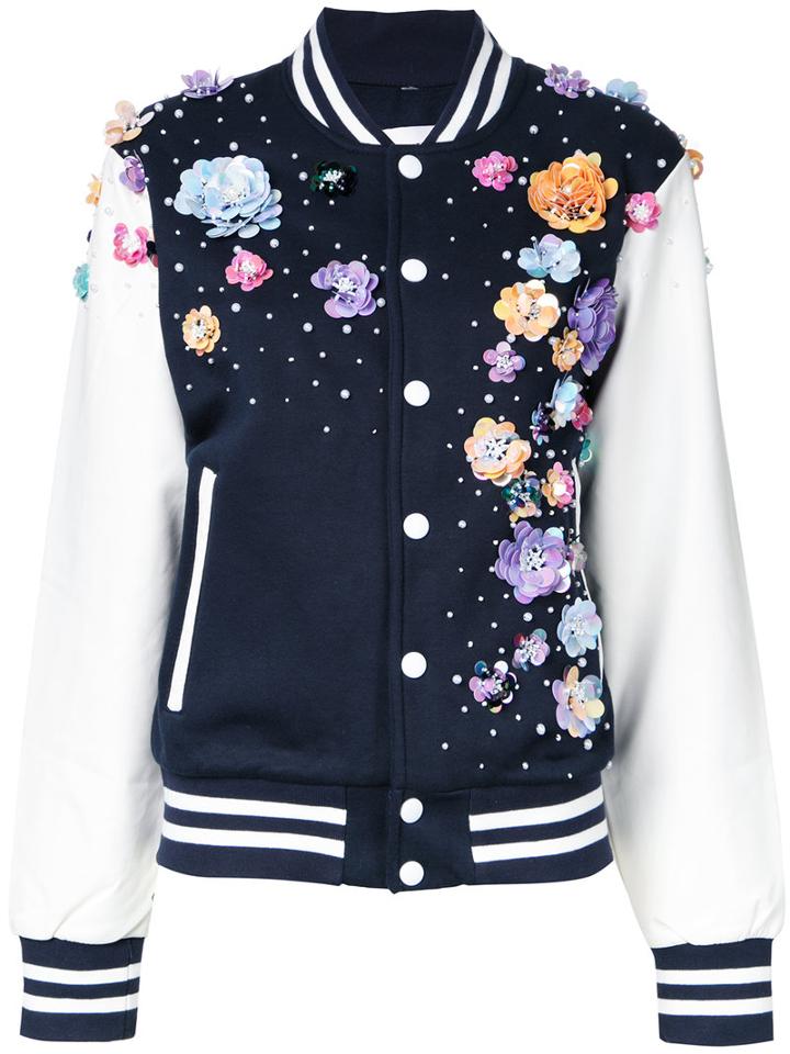 Night Market Floral Embellishment Bomber Jacket, Women's, Size: Small, Blue, Polyester/cotton