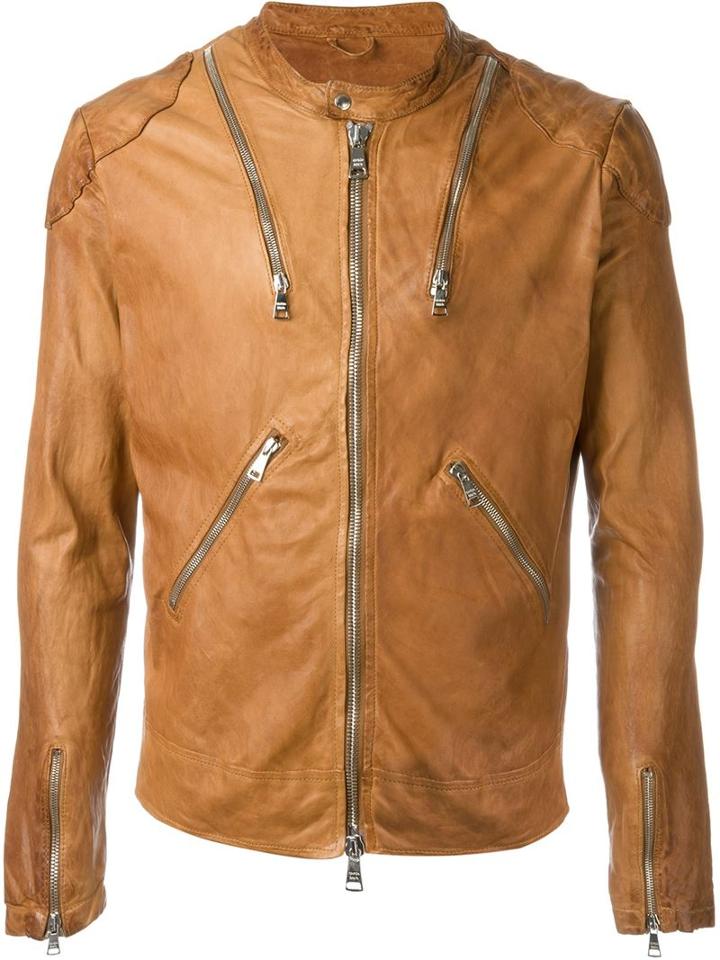 Giorgio Brato Leather Zip Jacket, Men's, Size: 50, Brown, Cotton/nylon/leather