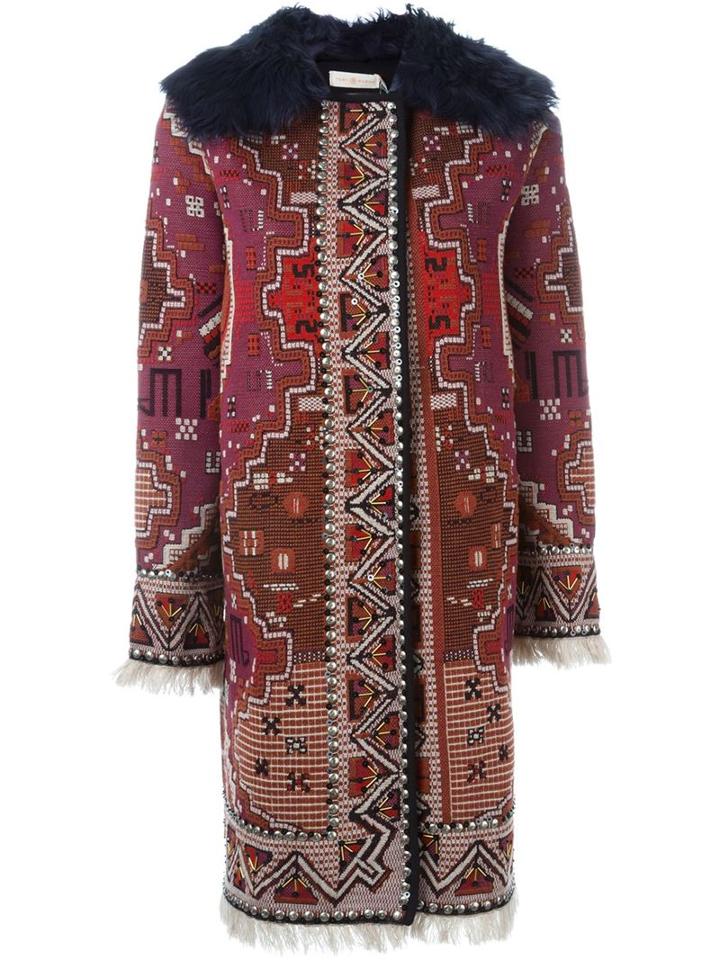 Tory Burch Lamb Fur Collar Tapestry Coat, Women's, Size: Medium, Red, Viscose/wool/other Fibres/lamb Fur