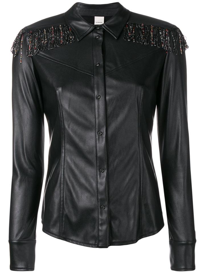 Pinko Beaded Fringe Faux Leather Shirt - Black