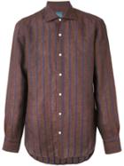 Barba - Embroidered Stripe Shirt - Men - Linen/flax - 41, Brown, Linen/flax