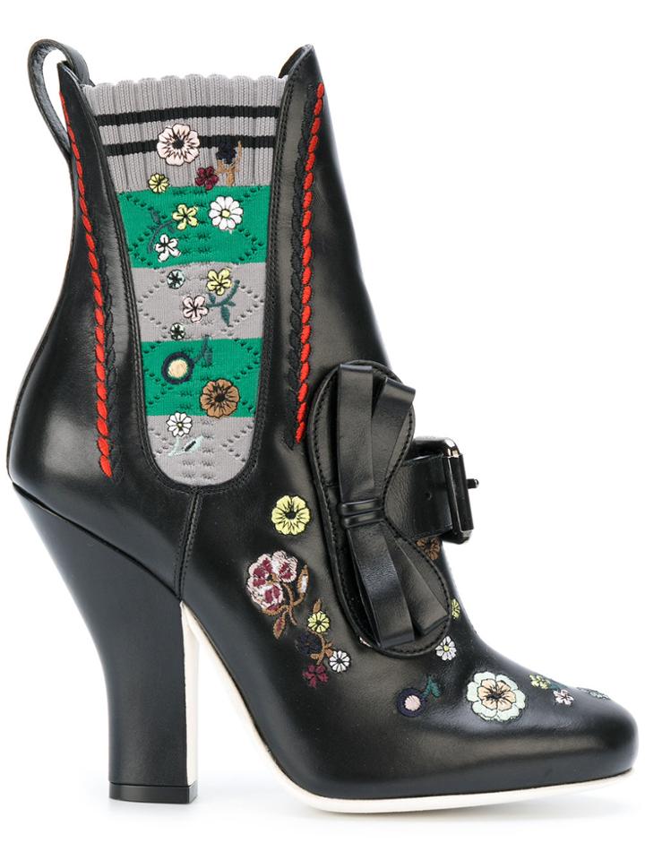 Fendi Embroidered Ankle Boots - Black