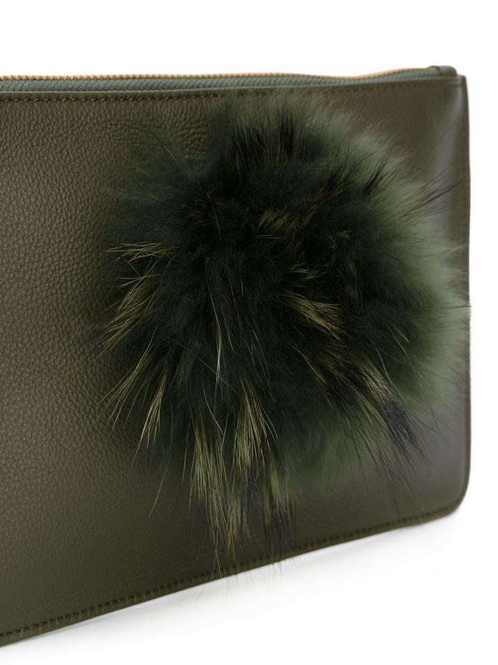 Mr & Mrs Italy - Fur Embellished Clutch - Women - Cotton/calf Leather/racoon Fur - One Size, Green, Cotton/calf Leather/racoon Fur