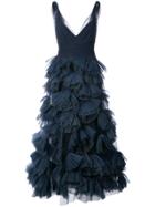 Marchesa Notte Plunge Ruffled Skirt Dress - Blue