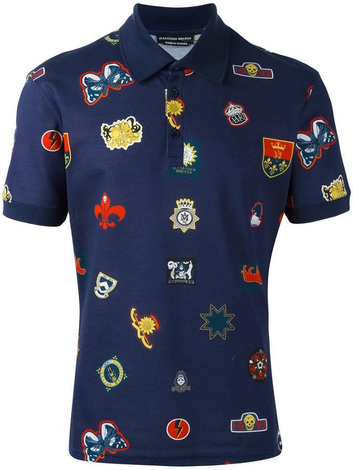 Alexander Mcqueen Badge Print Polo Shirt, Men's, Size: Small, Blue, Cotton