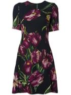 Dolce & Gabbana Tulip Print Flared Dress, Women's, Size: 44, Black, Wool/silk/spandex/elastane
