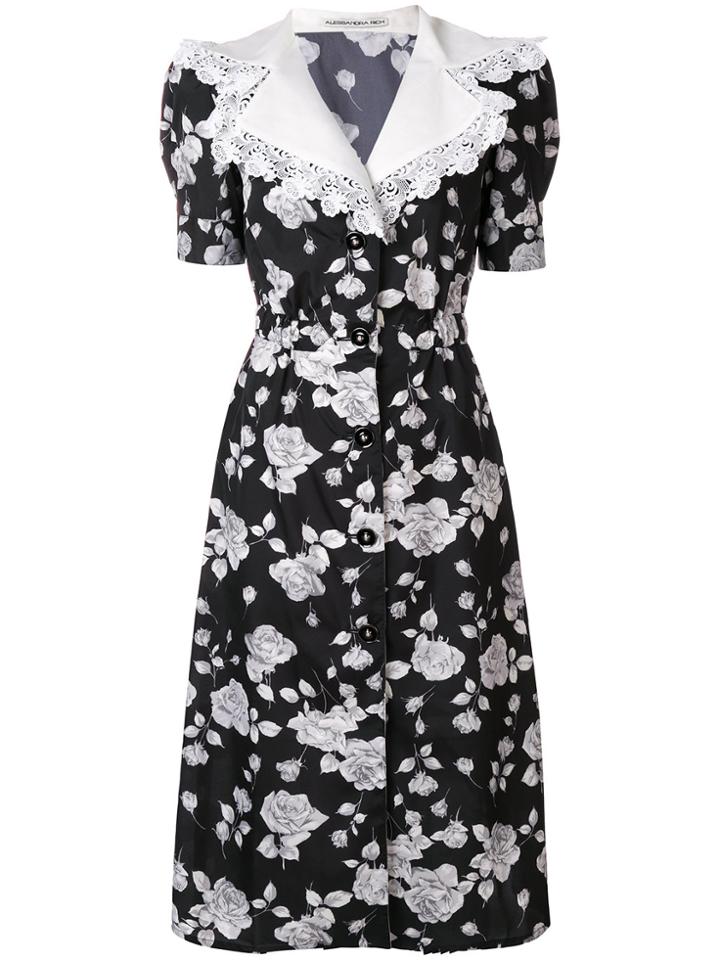 Alessandra Rich Floral Wide Embellished Collar Dress - Black