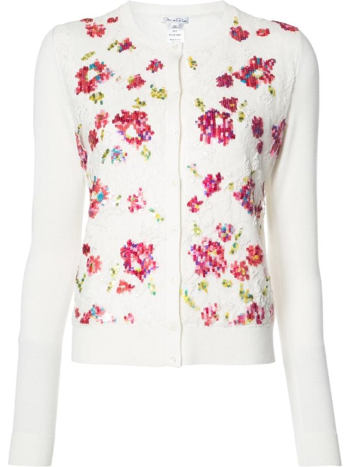 Oscar De La Renta Embroidered Flowers Cardigan, Women's, Size: Small, White, Virgin Wool/silk