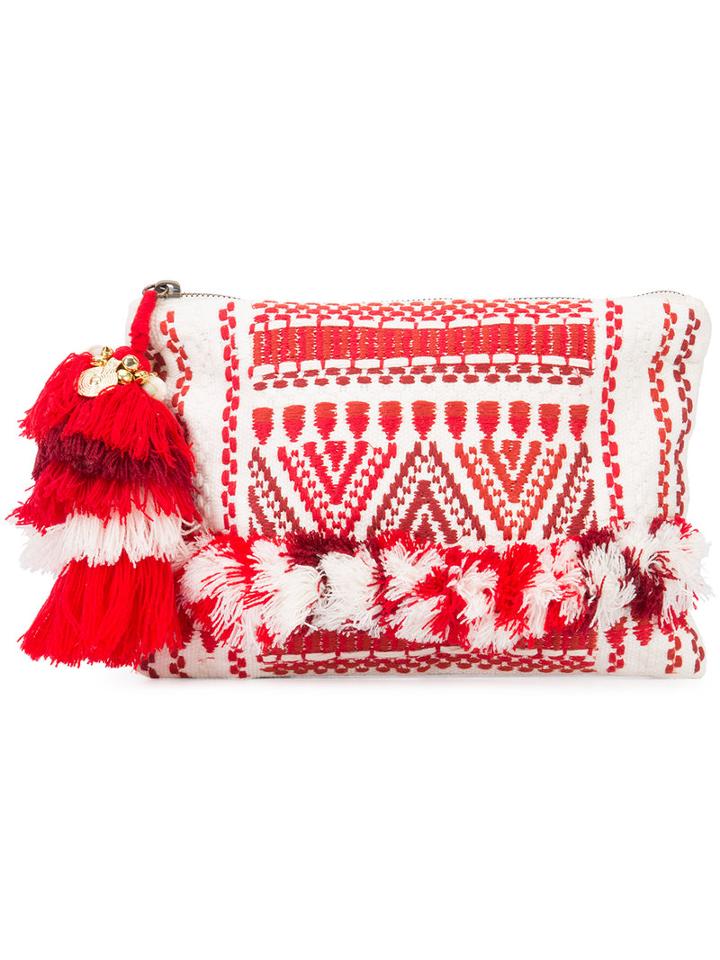 Figue Woven Tassel Clutch, Women's, Red, Cotton/polyester/brass