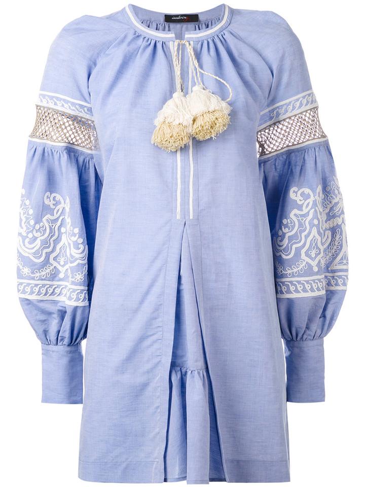 Wandering - Embroidered Belted Dress - Women - Cotton/linen/flax - 40, Blue, Cotton/linen/flax