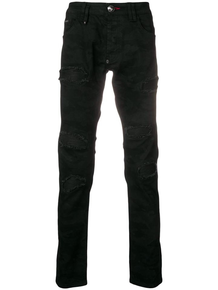 Philipp Plein Five Pocket Distressed Patch Jeans - Black