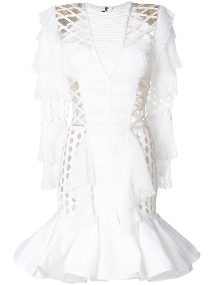 Balmain Pleated Perforated Dress - White