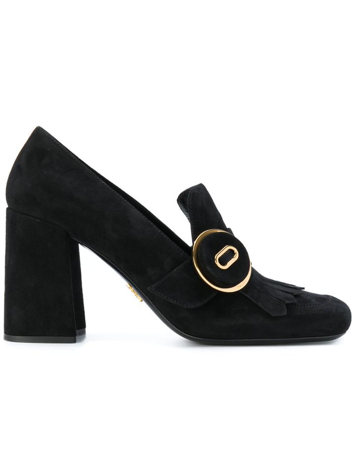 Prada Fringed Block Heeled Loafers - Black