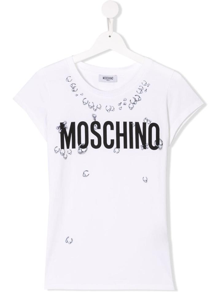 Moschino Kids Teen Pierced Logo T-shirt - White