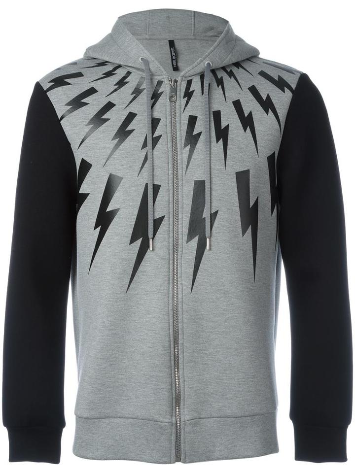 Neil Barrett Lightning Print Zipped Hoodie, Men's, Size: Large, Grey, Lyocell/cotton/viscose/polyurethane