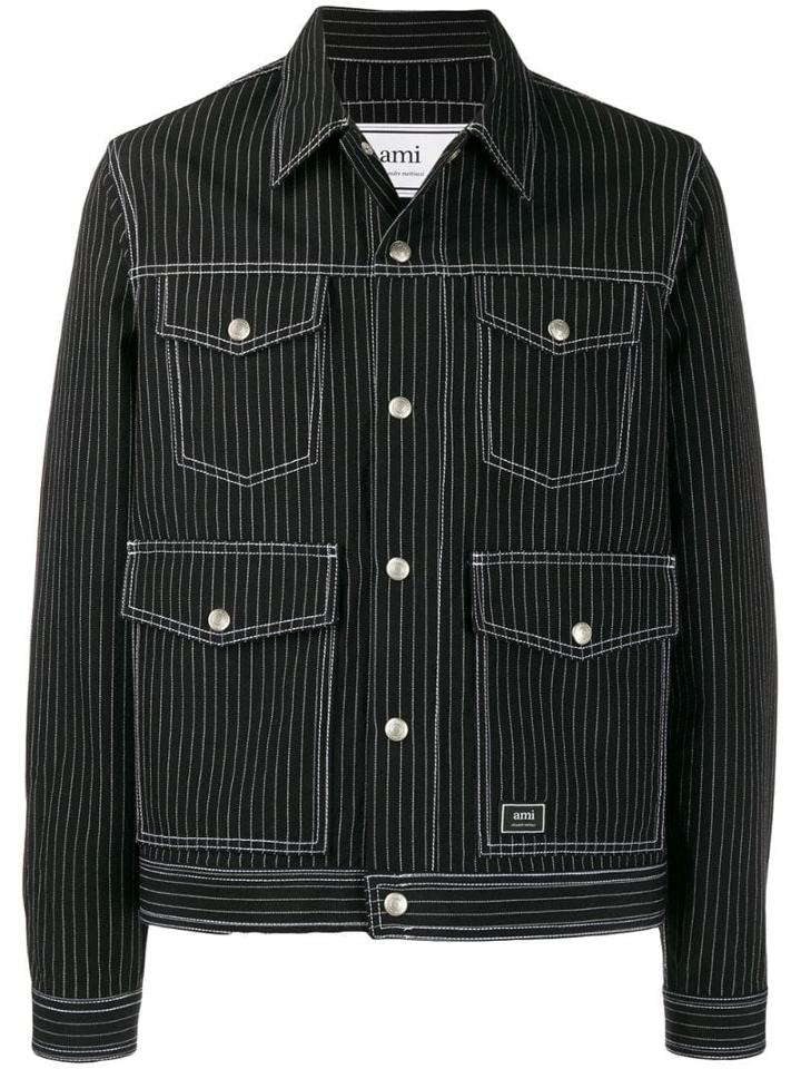 Ami Paris Woolen Pinstripe Jacket - Black