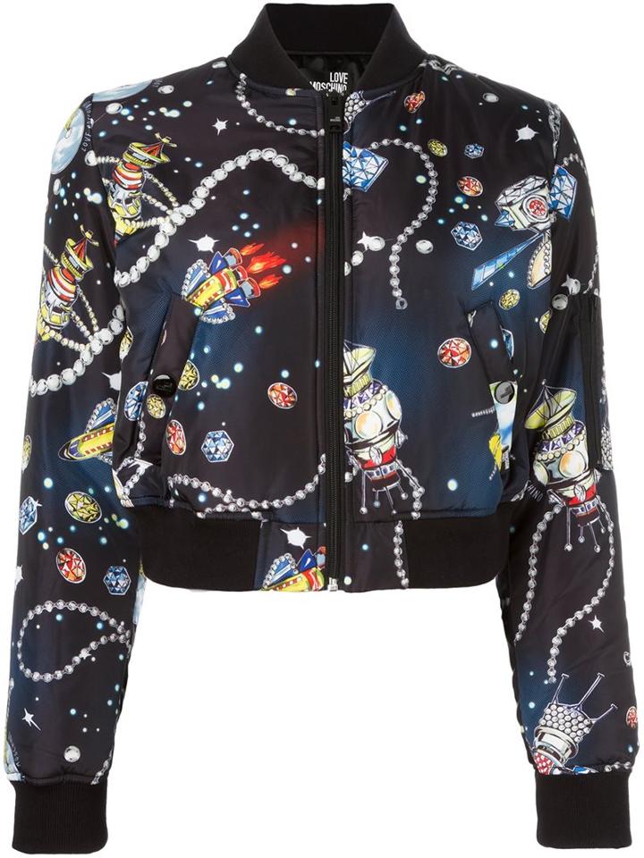Love Moschino Jewel Print Bomber Jacket, Women's, Size: 42, Black, Polyester