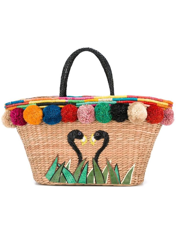 Aranaz Flamingo Pom Pom Basket Bag, Women's, Nude/neutrals, Straw/leather