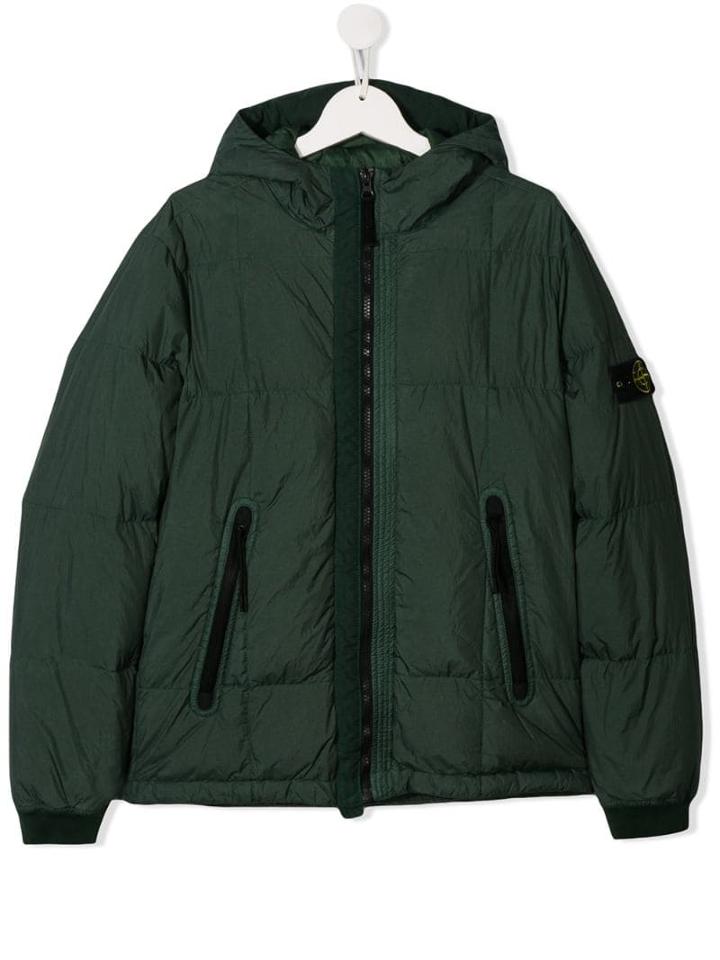 Stone Island Junior Hooded Logo Jacket - Green